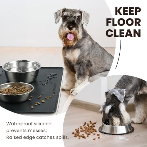 VIVAGLORY Pet Food Mat Flexmat Dog Bowl Mat, L, Black | Non Slip Silicone for Pet Kitten & Doggy, Placemat with Lip for Floor - color: Black, size: L (24.0 x 15.7in)