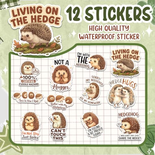 12pcs-4in Hedgehog Stickers, Funny Hedgehog Stickers, Cute Hedgehogs Sticker, Funny Hedgehugs Decals Waterproof, Cute Animal, Pet Decal Gifts Hedgehogs Lovers for Laptop Water Bottle Scrapbook - size: 4in