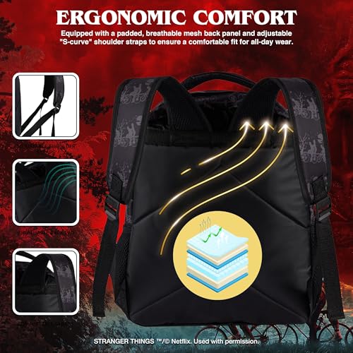 AI ACCESSORY INNOVATIONS Stranger Things Backpack with Character Graphic Pattern, Black, 16x12x5 Inches, Polyester, 3 Pockets, Water Repellent, Adjustable Straps, Padded Back - color: Stranger Things