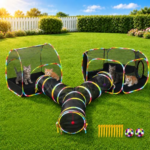 Outdoor Cat Enclosure, 3-in-1 Portable Pop Up Cat Mesh Tent with Tunnel for Cat Run, Easy Set Up and Foldable Catio Playground for Indoor Cats, Rabbits & Small Animals, Includes Storage Bag - size: 3-in-1 cat enclosures set