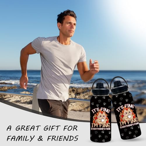 Cat 32oz Water Bottle, with Handle Lid Bottle, Sport Insulated Cup | 32oz Stainless Steel Tumbler, Leak-proof Coffee Mug, Thanksgiving Christmas Birthday Gift for Cat Lovers - color: Fine