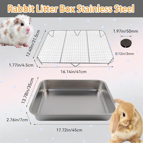 kathson Stainless Steel Rabbit Litter Box,Metal Litter Tray for Rabbits,Large Space Stainless Steel Bunny Litter Pan with Grid,Small Animal Toilet Training Accessories for Cats Guinea Pig Hamster