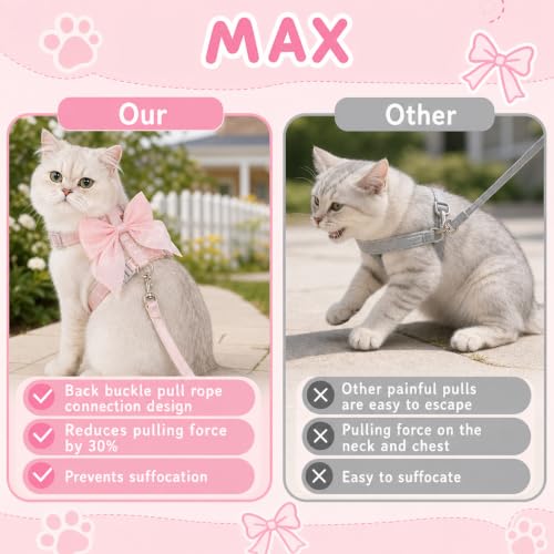 Kitten Harness and Leash Set, Escape Proof Cat Harness with Adjustable Design, Pink Bow Cat Vest Harness for Outdoor Walking, Soft Lightweight Harness for Small Cats Dogs Rabbits (Medium Size)