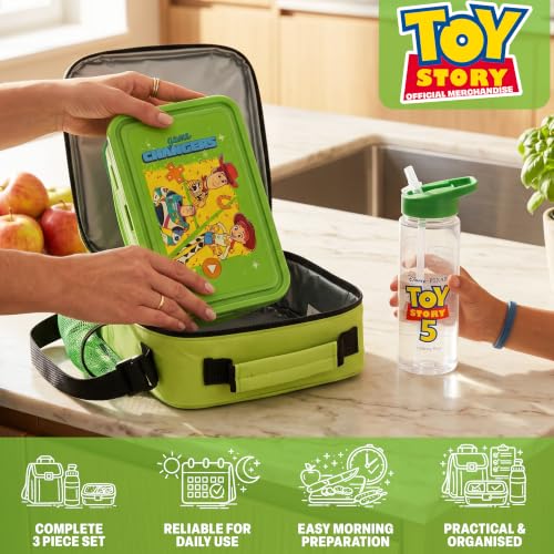 Get Trend Toy Story Boys Lunch Box 3Pc Set | Kids Insulated Lunch Bag with BPA-Free Water Bottle and Bento Box, Back to School Woody & Buzz Lightyear Gifts for Boys - color: Green/Multi Toy Story