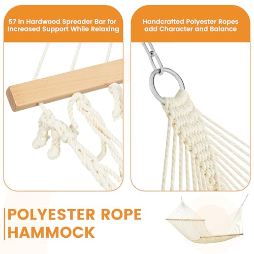 Lazy Daze 13 Ft Double Handwoven Polyester Rope Hammock with Tree Straps | Mesh Hammock for 2 Person, with Spreader Bar, Carabiners, Chains for Outside, Backyard, Patio, 450 Lbs Capacity - color: Natural