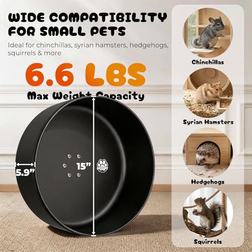 15" Silent Chinchilla Running Wheel, Aluminum Alloy Noiseless Exercise Wheel, Small Animal Running Wheel, Ultra Smooth Bearing, Large Comfort Wheel for Chinchilla, Hamster, Hedgehog & Small Pets,Black