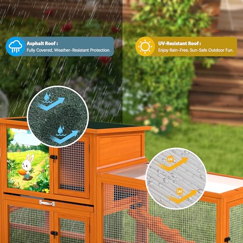COZIWOW 82” Extra Large Fashion Wooden Outdoor Rabbit Hutch Bunny Cage Indoor Easy to Assemble and Durable with Cleaning Tray & Waterproof Roof for Small & Medium Bunny Rabbit Duck Chick (Orange) - color: Orange
