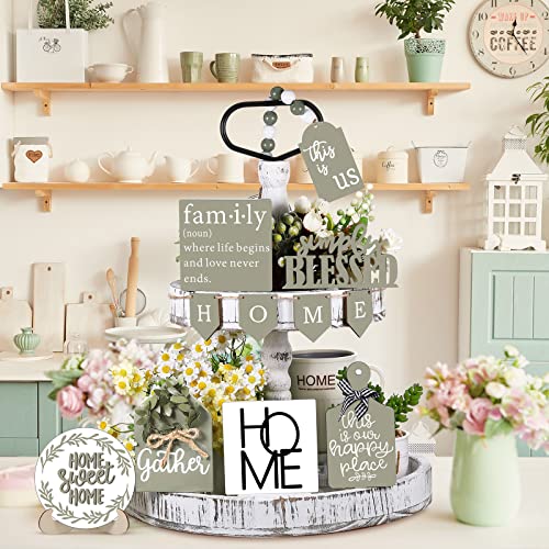 FairySandy 11 Pcs Home Tiered Tray Decor Spring Rustic Farmhouse Tiered Tray Decorations Set Sage Green Wooden Home Sign Vintage Farm Animal Farmhouse Tabletop Wood Sign for Kitchen Table Shelf Decor - style: Classic