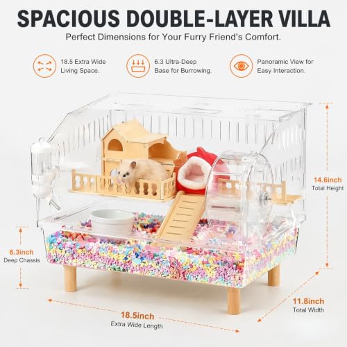8-in-1 Small Acrylic Hamster Cage, 2-Tier Top Open with All Accessories | Clear 360 Viewing,18.5"x11.8"x14.6",Fits Dwarf Hamsters,Gerbils & Mice,Detachable Tray, Three-sided Ventilation.