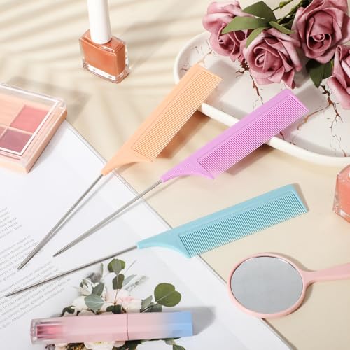 Leinuosen 3 Pack Rat Tail Comb Carbon Fiber,Light Blue,Light Pink,Purple | Steel Pin Tail for Sectioning, Heat Resistant Teasing, Pick Comb for Women Wig Styling, Fishtail Design for Salon Updos - color: Light Blue, Light Pink, Light Purple