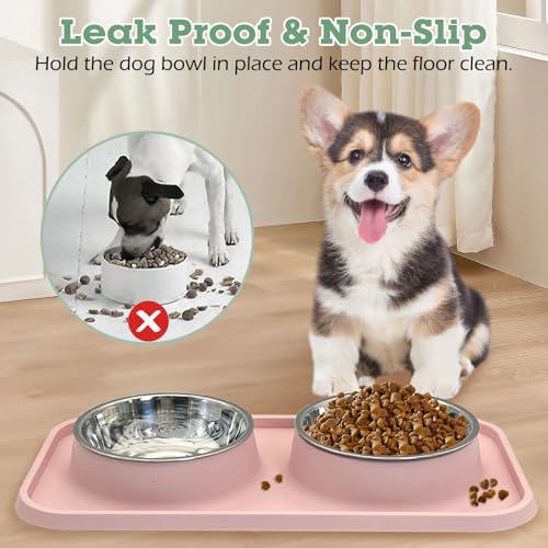 BNOSDM Double Dog Food Bowls Stainless Steel Dog Food and Water Bowls with Non-Spill Plastic Mat Pet Cat Feeder Bowl Set for Puppy Cats Kitten Small Dogs, Dark Green - color: Dark Green【Set of 1】