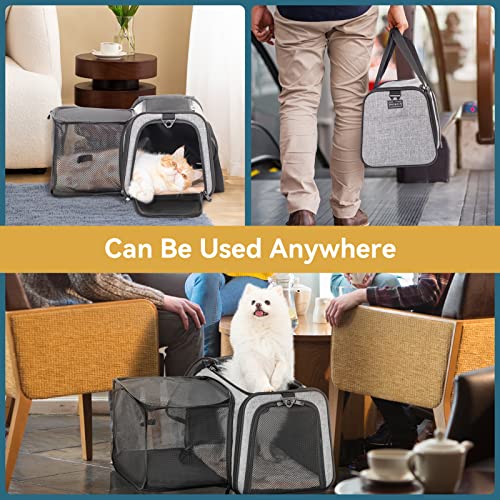 Petsfit Expandable Cat Carrier, 16"X10" X9" Pet Carrier Airline Approved, Soft-Sided Collapsible, Pet Carrier with Locking Safety Zippers, Removable Soft Plush Mat, Pocket for Pets up to 10lbs, Gray,S - color: Gray, size: 16.0"L x 10.0"W x 9.0"H
