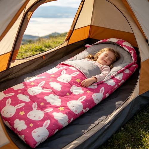 Kids Sleeping Bags - Camping Sleeping Bags with Carry Bag - Compact Sleeping Bag for Hiking, Backpacking 3 Season Warm & Cool Weather, Lightweight Waterproof Outdoor Travel for Boys Girls - color: Pink