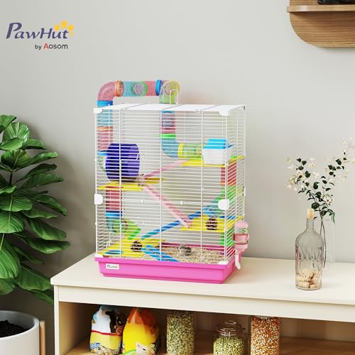 PawHut 18" 5 Tier Hamster Cage w/Tubes and Tunnels for Gerbil Pink | Small Animal Cage, Portable Carry Handle, Water Bottle, Food Dish, Exercise Wheel - color: Pink
