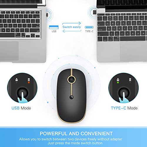 VssoPlor Type C Wireless Mouse, USB C MacBook Wireless Mouse, Black Gold | Dual Mode Cordless Mice with USB and Type C Receiver Compatible with PC, Laptop, MacBook and All USB C Devices - color: Black Gold