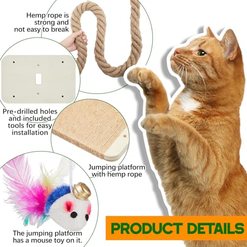 Weysat 2" x 4.92 ft Cat Climbing Rope with 2 Jumping Platform Wall Mounted Thick Jute Cat Scratching Post Furniture Wall Climbing System for Kittens & Large Cats(Wood,with Toys) - color: Wood, style: with Toys