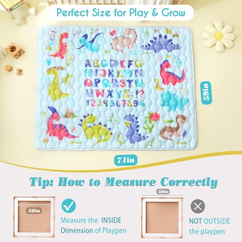 Viviland Baby Mats for Floor, 71x59 Inch Playpen Mat, Thicker & Large Soft Playmat for Baby and Toddlers Infants, Non-Slip & Machine Washable, Blue Dino and Letters - color: Blue Dino and Letters, size: 71" X 59"