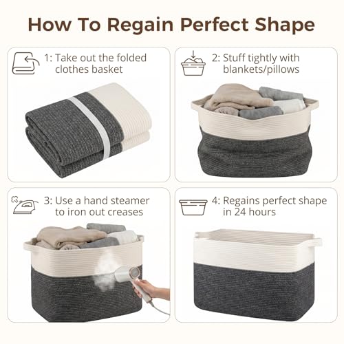 OIASKET 108L Cotton Rope Storage Basket for Living Room and Bedroom 25"x16"x16" Woven Laundry Basket, Heavy Duty Bin for Blankets, Pillows & Toys, Pet-Safe & Scratch-Free, Dark Grey and White - color: Dark Grey & White