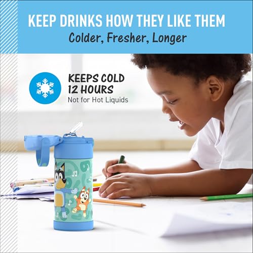 THERMOS FUNTAINER Water Bottle with Straw, 12oz, Bluey | Kids Stainless Steel Insulated Water Bottle, Keeps Drinks Cold Longer for School & Play, BPA-Free - color: Bluey, size: 12 Ounces