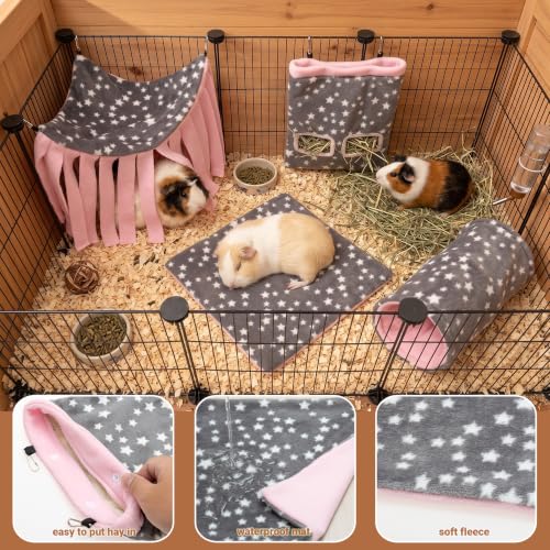 Guinea Pig Hideout, 4 Pack Tunnel & Mat & Corner Hide & Hay Bag | Soft Fleece Small Animal Hideaway Set Cage Accessories for Guinea Pig, Rabbit, Ferret, Chinchilla, Hedgehog - size: 4 pack