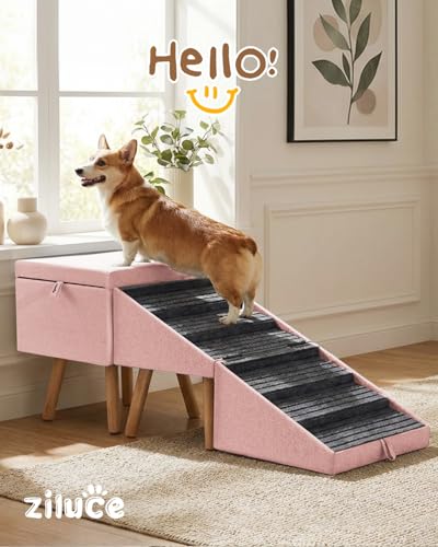 Dog Ramp for Bed & Couch, Dog Stairs 21.06 inches High for Large/Medium/Small Doggie,Split Ottoman Foldable 2 in 1 Wooden Pet Steps for Older and Injured Dogs, No-Slip Surface(Pink) - size: 21.06" H- Pink