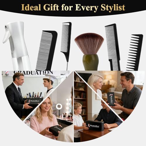 16 PCS Professional Barber Comb & Brush Set | 10oz (300ml) Continuous Spray Bottle, Carbon Fiber Rat Tail Comb, Neck Duster, For Men, Women, Salon & Home