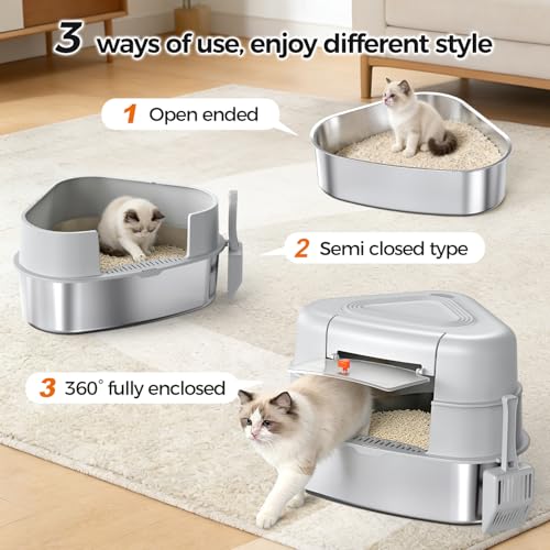 Chumajor XXL Stainless Steel Corner Cat Litter Box with Lid,Grey | Sturdy, No Odor & Space-Saving Hidden Design for Large Cats,Grey