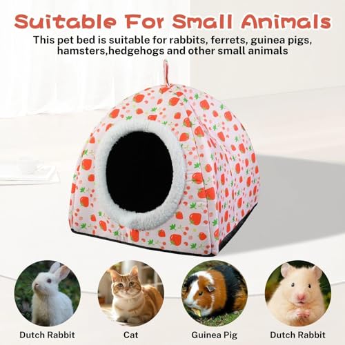 Warm Rabbit Hideout, Washable Strawberry Fleece Hut for Guinea Pigs | Hideaway House with Strawberry Design, Cozy Fleece Hut for Indoor Rabbits Guinea Pigs and Other Small Animals