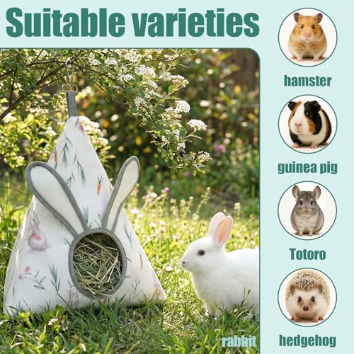 Soft Cotton Bunny Hay Feeder Bag, Cute Triangle Rabbit Hay Holder with 3D Ears, Hanging Hay Dispenser for Guinea Pigs, Chinchillas & Small Pets, Breathable & Washable Cage Accessories