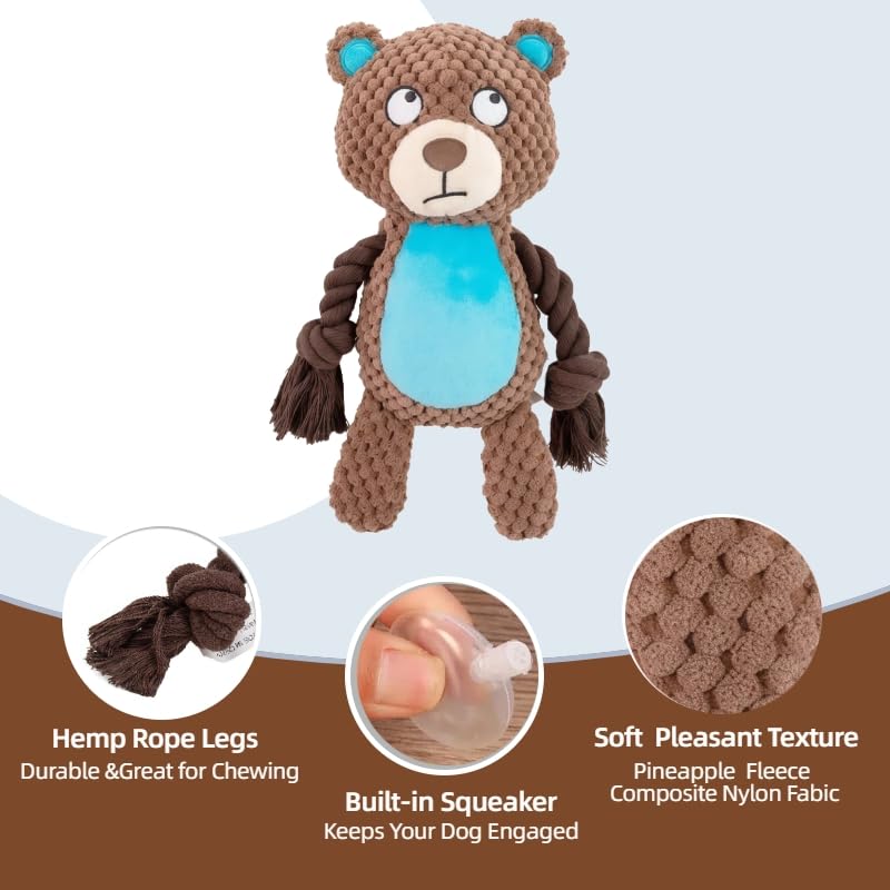 Plush Bear Dog Toy, Squeaky Tug Toy with Rope Arms for Small Medium Dogs | soft plush bear toy with rope arms and squeaker, designed for tugging, chewing and interactive indoor play - color: Brown