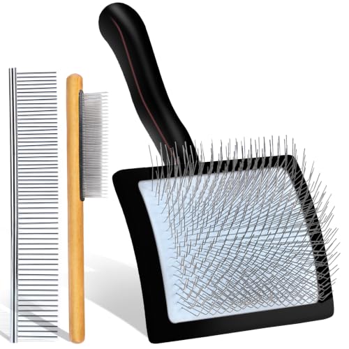 Wooden Slicker Brush Set for Goldendoodles Poodles Long Hair | Dog Brush Set for Bernedoodles, Aussies & Shelties. Perfect for Daily Detangling of Long Thick Hair to Prevent Matting. - color: Black