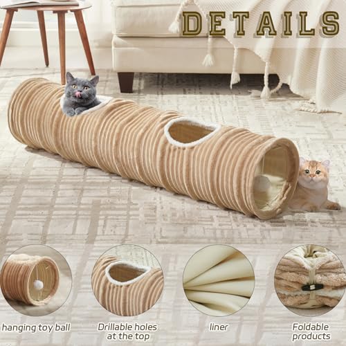 Cat Tunnel for Indoor Cats,Cats Toys Collapsible Tunnel Straight Tube with a Fun Ball and 2 Holes,Cat Play Tunnels,for Rabbits, Ferrets, Puppies & Small Pets,Diameter 9.8 Inch - size: 45.3"L x 9.8"W x 9.8"H