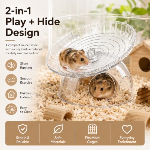 Silent Hamster Wheel with Hamster Hideout, Quiet Flying Saucer Exercise Wheel for Dwarf Hamsters, Stable Running Wheel, Small Animal Cage Accessory, Easy to Clean (Lucency) | 2-in-1 flying saucer wheel with hideout, quiet spin, wide track, clear body, sta