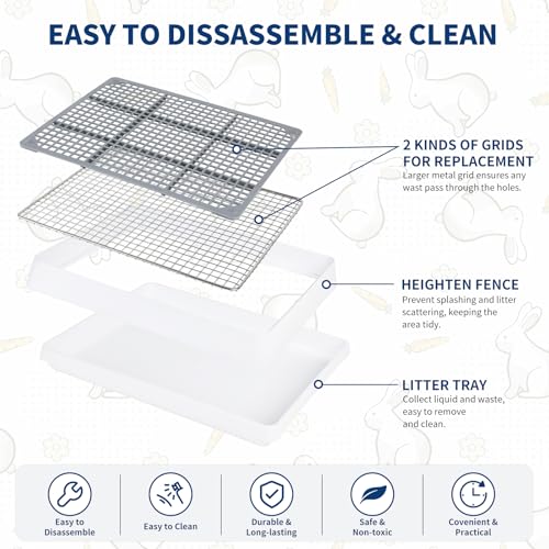 FHTONGE Low Entry Rabbit Litter Box Training Tray with Large Steel Grids | Rectangular Small Amimal Litter Pan Trainer Tray for Rodent Bunny Guinea Pig Hamster Ferret Chinchilla Hedgehog Chipmunk - color: 0.5" Stee Grids + 0.4" PP Grids, size: 14.6x12x2.6