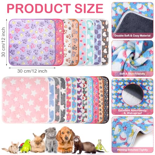 Newwiee 20 Pcs Waterproof Small Pet Fleece Blanket Bulk Washable Small Animal Cage Bedding Guinea Pig Puppy Dog Cat Pee Pad Liner Accessories(Assorted,12 x 12 Inch) - size: 12 x 12 Inch