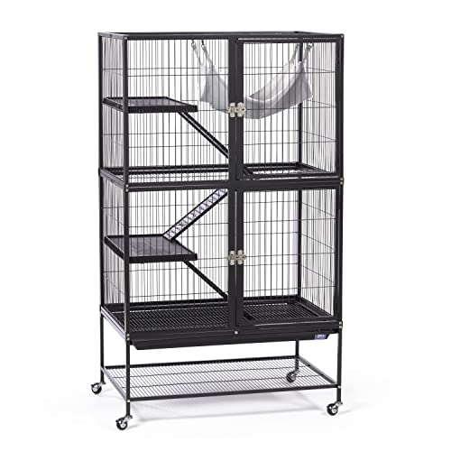 Prevue Pet Products Ferret Stack Two Story Ferret Home - Portable Stand, Escape Proof Lock, Includes Hammock & Ramps, Expandable Two Story Cage Stacking System with Wheels - Black