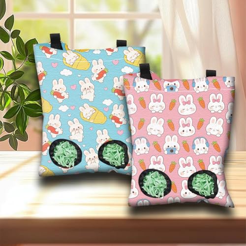 2Pcs 2 Styles Hanging Rabbit Hay Feeder Bag 11.6 x 9.1 Inch Bunny Hay Feeder Pink Blue Cute Cartoon Design Cloth Washable Feeding Holders with 2 Holes for Guinea Pig Chinchillas Hamsters - color: Rabbit