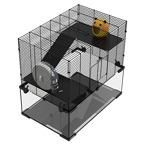 PawHut Large Hamster Cage with Deep Tempered Glass Bottom, 3 Tiers Hamster Tank with Running Wheel, Hut, Water Bottle, Dish, Rat Cage for Syrian, Dwarf, Gerbils, Mouse, 23.5" x 16" x 22.5", Black | 3 Tiers Hamster Tank, Running Wheel, Hut, Water Bottle, D