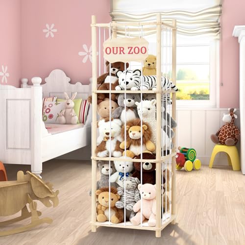 Stuffed Animal Storage & Organizer, Wooden Large Capacity Stuffed Animal Zoo with Elastic Cords, Sturdy Space-Saving Plushie Toy Shelf Cage Tower for Bedroom Playroom Nursery 54 in, Easy to Install