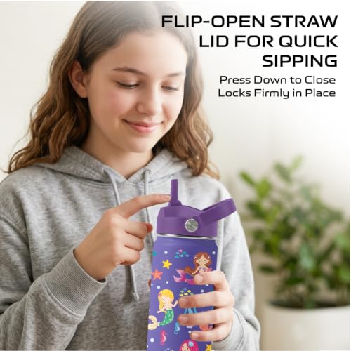 Mermaid 16 oz Water Bottle with Straw – Kid Stainless Steel Vacuum Insulated Cup, Leakproof Straw Lid, Reusable Travel Mug for Outdoor Sports (purple) - color: Mermaid2