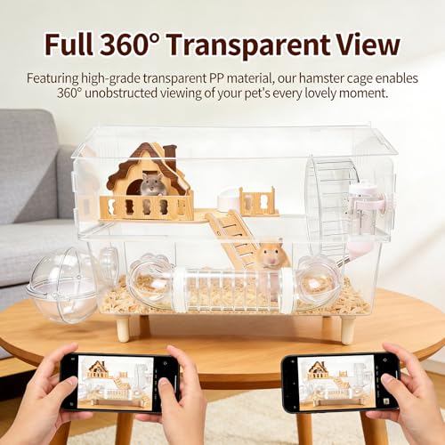 8-in-1 Clear Acrylic Hamster Cage 18x12x13 Small Animal Habitat House | All-in-One Accessory Set, High Transparency View, Easy Cleaning & Assembly, Ideal Starter Kit for Mouse, Dwarf, Gerbil