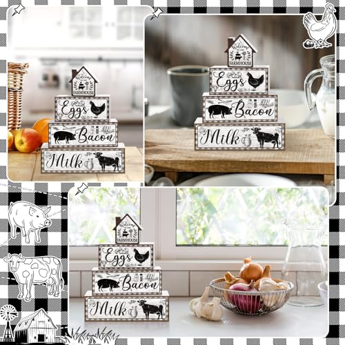 Tiered Tray Decor Set, 4 Pcs, Wooden, for Home Kitchen, Rustic | Farm Animal Rooster, Farmhouse Rustic Summer Coffee Table Centerpieces Office Decorations - style: Farm Animal