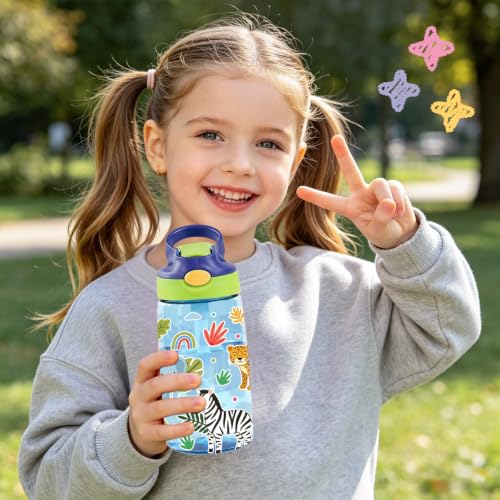 Kids Plastic Water Bottle - Jungle Animal Water Bottle for Kids, 14oz Plastic Water Bottles with Straw Lid, Leakproof BPA-Free Fun Animal Water Bottles for Home Sports Travel, Pop-Up Straw Cover, Blue - color: Jungle Animals