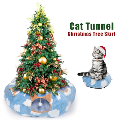 Cat Tunnel Bed, Tunnels for Indoor Cats with Washable Circle Cushion, Multifunctional Peekaboo Cave Donut Tubes Tunnel for Cat Kitty Kitten Puppy Rabbit Ferret (Sky Blue)