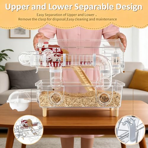 8 in 1 Acrylic Hamster Cage 2 Tier Dwarf Hamster Cage 360° Clear Viewing | Hamster Cage Transperant Hamster Habitat Top Open Gerbil Cage Mouse Cage with Tubes for Pet Mice (Clear, 17.7"x13"x11.8") ﻿