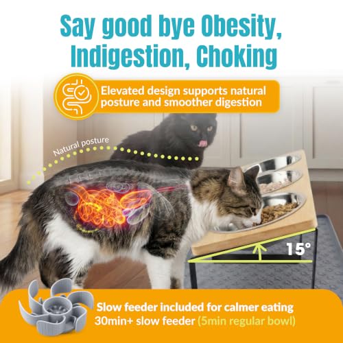 Elevated Cat Food Bowls, 3 Bowl Elevated Cat Feeding Station with Mat | Raised Cat Food Bowls Anti Vomiting,15° Tilted Cat Food Bowls & Elevated Slow Feeder Cat Bowls for healthier meals