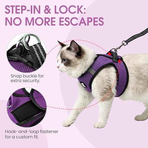Cat Harness and Leash Escape Proof, Soft Breathable Mesh Kitty Walking Vest, Adjustable Step-in Kitten Harness Set with Reflective Strip for Small Cats - color: Purple, size: Medium