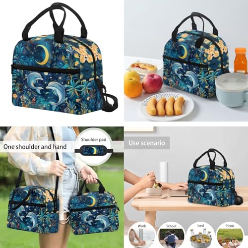 Gold Moon Dolphin Backpacks for School Girls with Lunch Box Container for Kids 8th Grade Kawaii Pencil Box and Insulted Water Bottle Holder 4 Pcs Set Bookbag with Compartment for School - color: Gold Moon Dolphin