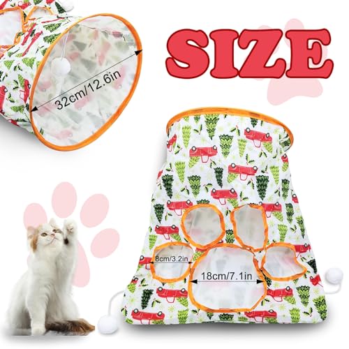 Andiker Cat Tunnel Bags for Indoor Cats, 13x17x12In Foldable Cat Crinkle Bag with 3 White Plush Balls and 1 Mouse 5 Holes for Kitten to Hide and Catch 3 Layers Cat Toy (Forest)