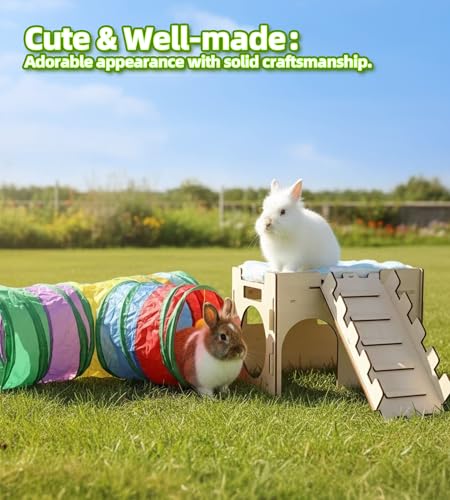 HIIMALEX Castle&Tunnel&Bed 3-in-1 Bunny's Gift Box: Extra Large Wooden Bunny Hideout with Ramp, Collasiple Tunnel and Soft Bed for Rabbit Guinea Pig Ferret Gerbil Hedgehog to Play Hide and Rest